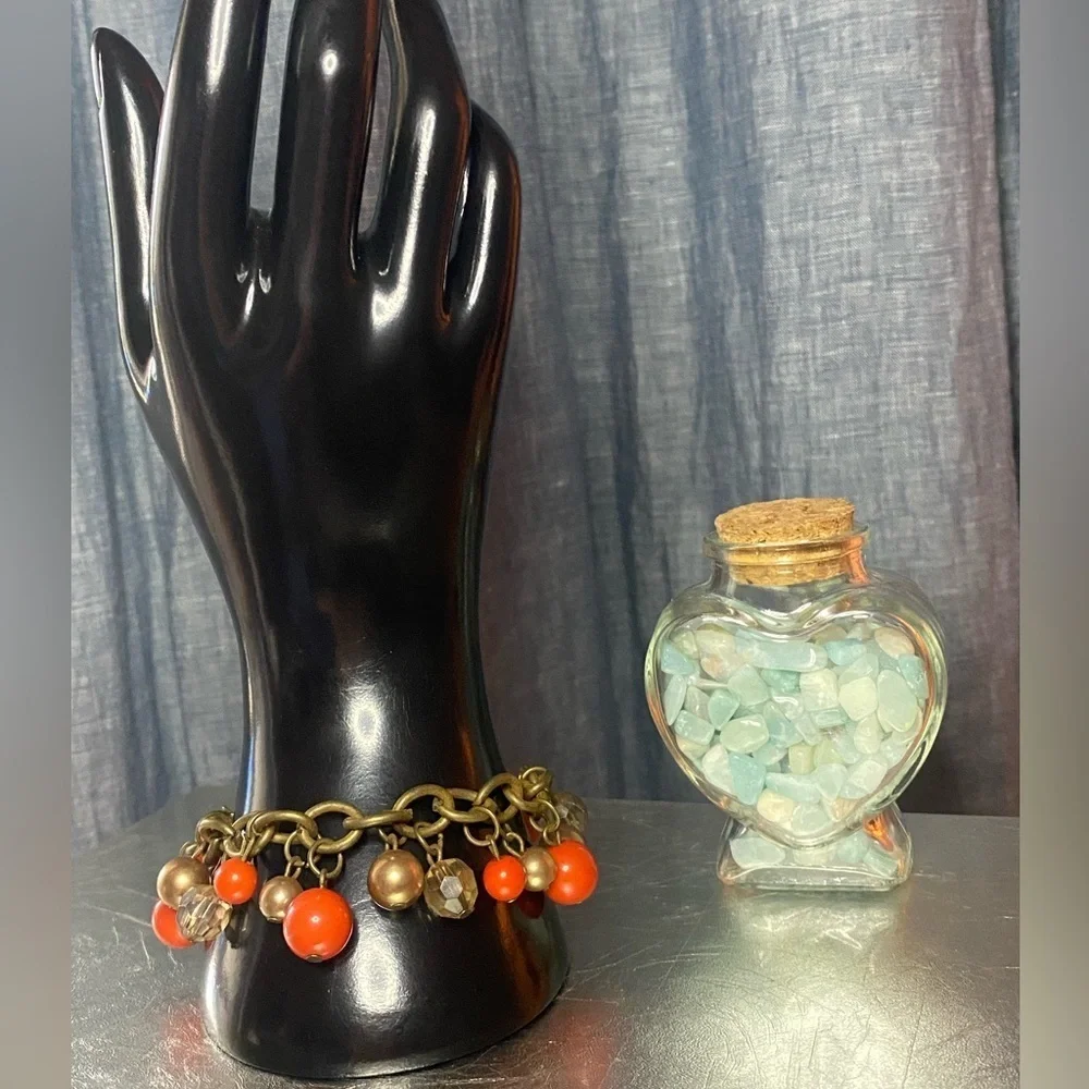 Vintage Chunky Charm Bracelet Orange Gold‎ Beaded Dangle Costume Jewelry